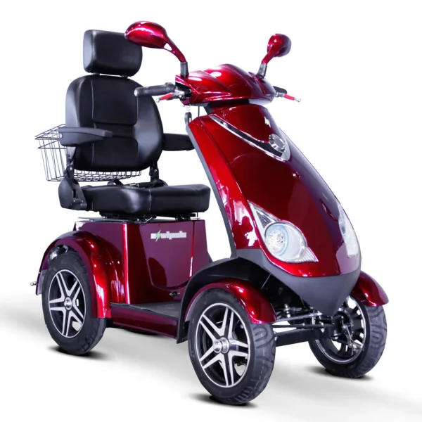 A red scooter with a seat on the back of it.