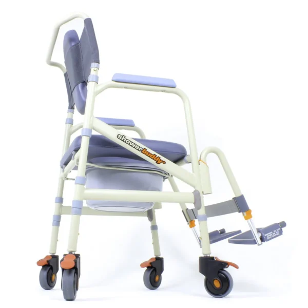 A white shower chair with wheels and blue seat.