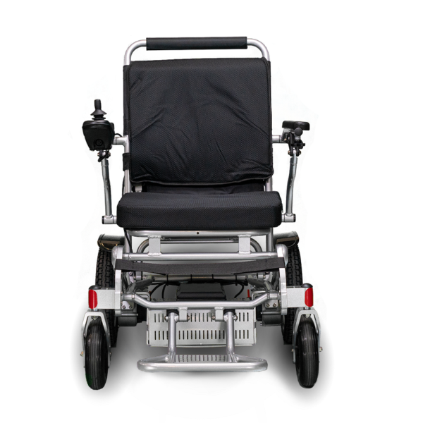 A wheelchair with wheels and back rest folded down.