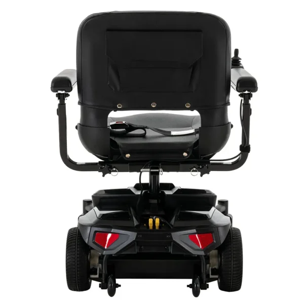 A rear view of the back of a black scooter.