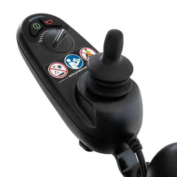 A black remote control with buttons and an ear bud.