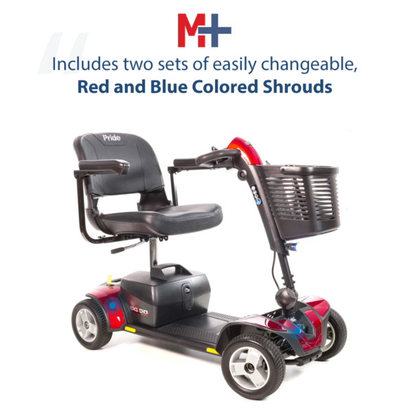 A red and blue scooter with two sets of easily changeable wheels.