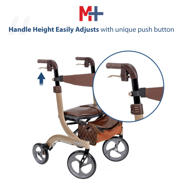 A handle height adjusts with unique push button.