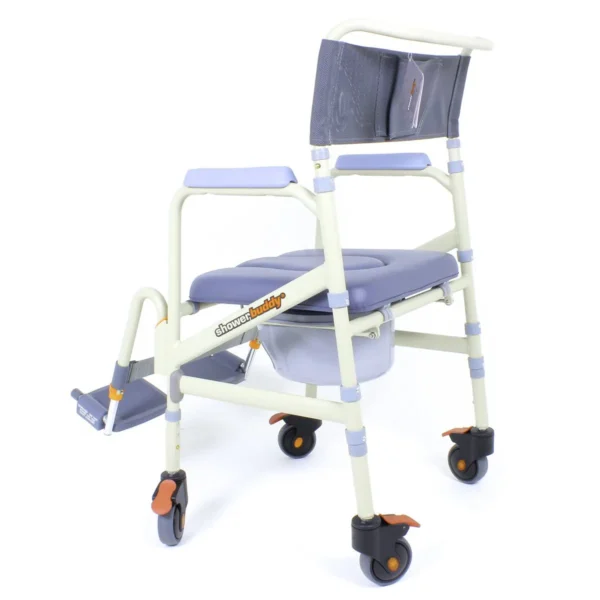 A white and blue commode chair with wheels.