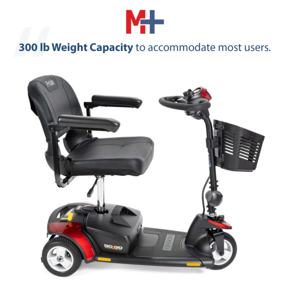 A red scooter with the seat up and text that says " 3 0 0 lb weight capacity to accommodate most users ".