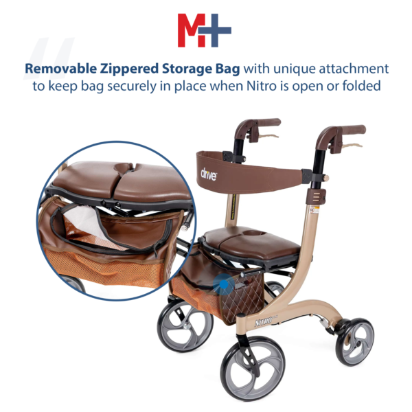 A beige walker with wheels and zippered storage bag.