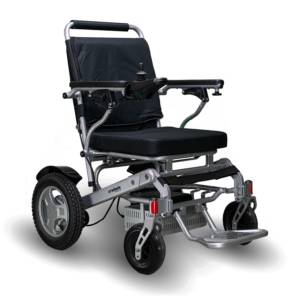 A wheelchair with wheels and a seat.