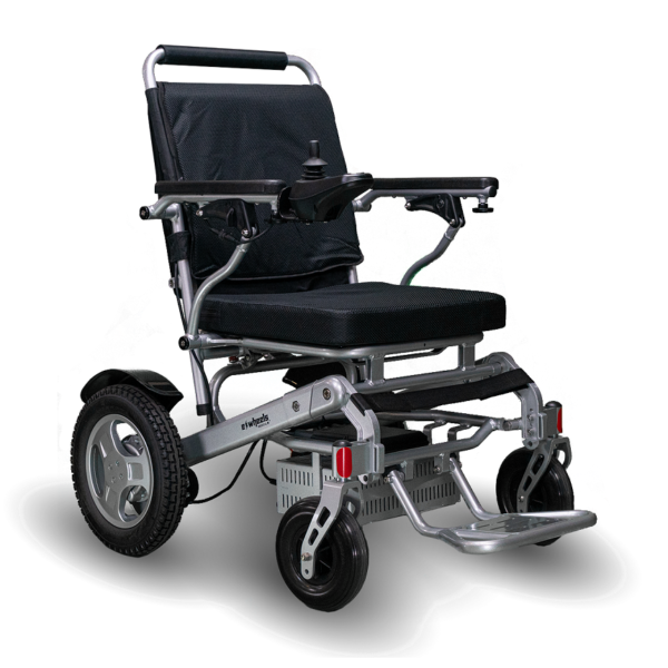 A wheelchair with wheels and a seat.