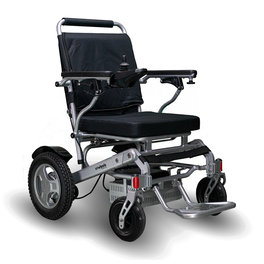 A wheelchair with wheels and a seat.