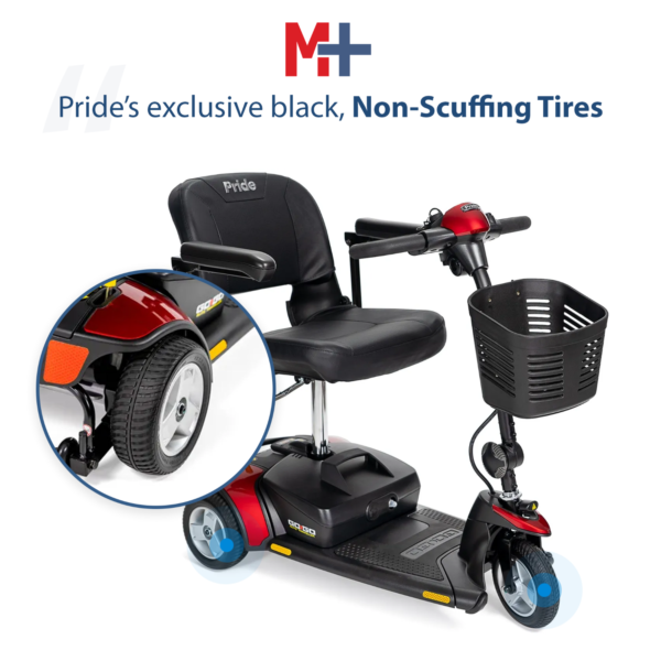 A black scooter with the text pride 's exclusive black, non-scuffing tires.