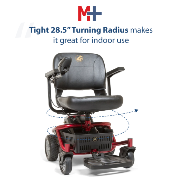 A red motorized wheelchair with the text " m + t tight 2 8. 5 turning radius makes it great for indoor use ".