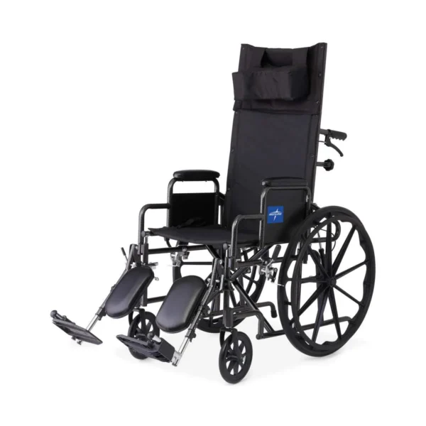 A wheelchair with two wheels and one has a reclining back.