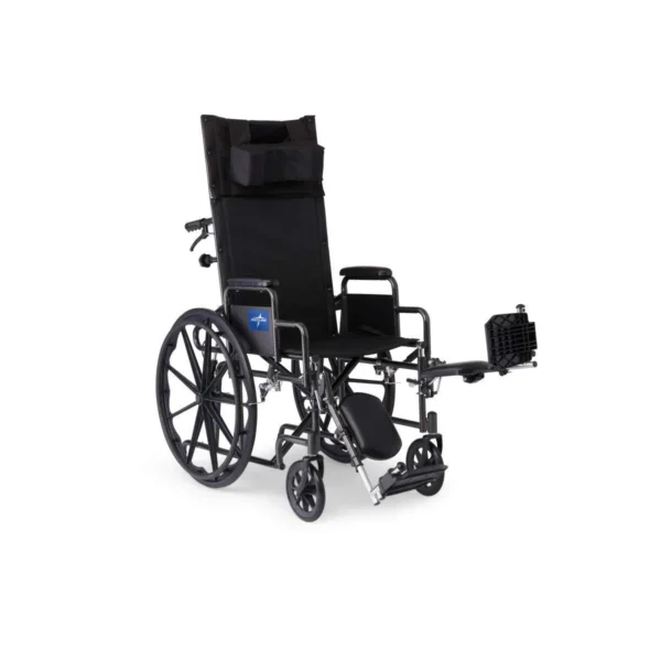 A wheelchair with a reclining back and footrest.