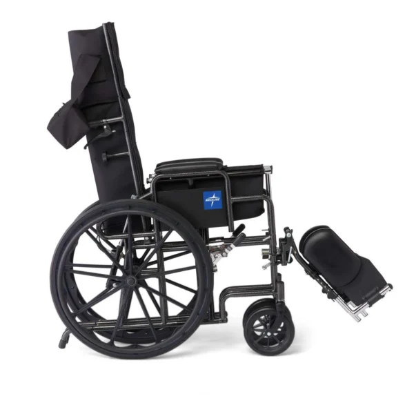 A wheelchair with wheels and a back rest.