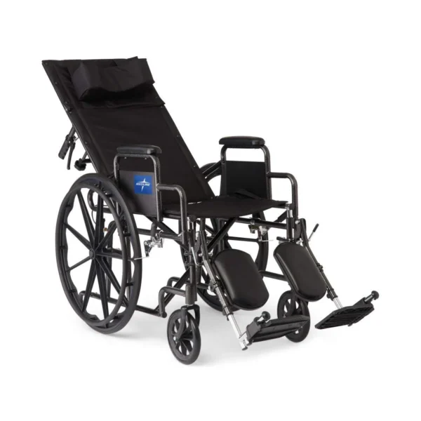 A wheelchair with a reclining back and wheels.