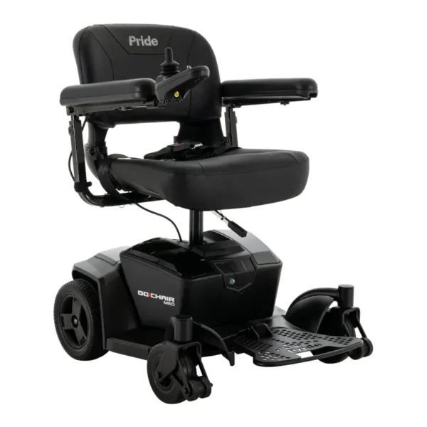 A black motorized wheelchair with the seat up.