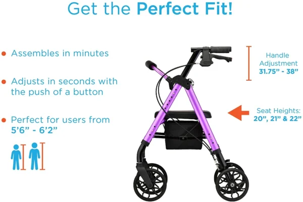 A purple walker with instructions to get the perfect fit.