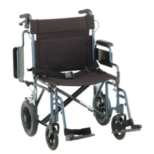 A wheelchair with wheels and seat cushion.