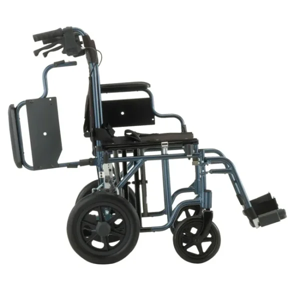 A wheelchair with wheels and back support.