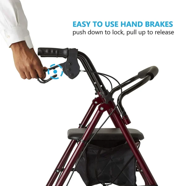 A person using the handle of an adult rollator.