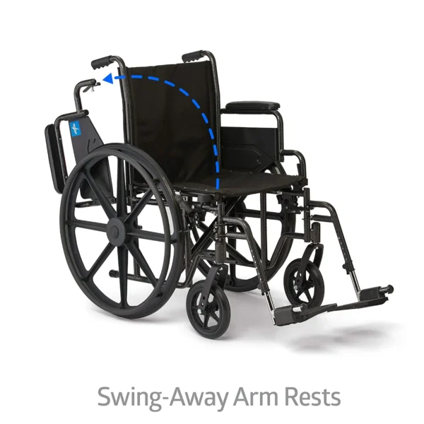 A wheelchair with the back rest down and the arm rests up.