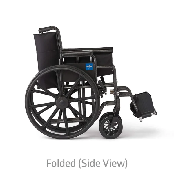 A folded wheelchair with wheels and back rest.