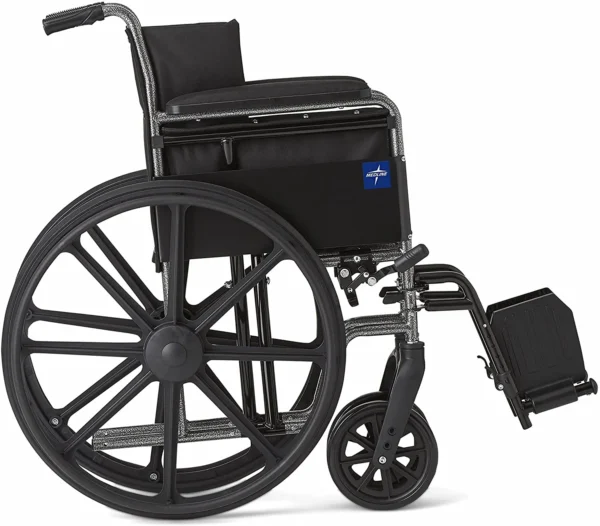 A wheelchair with wheels and a seat.