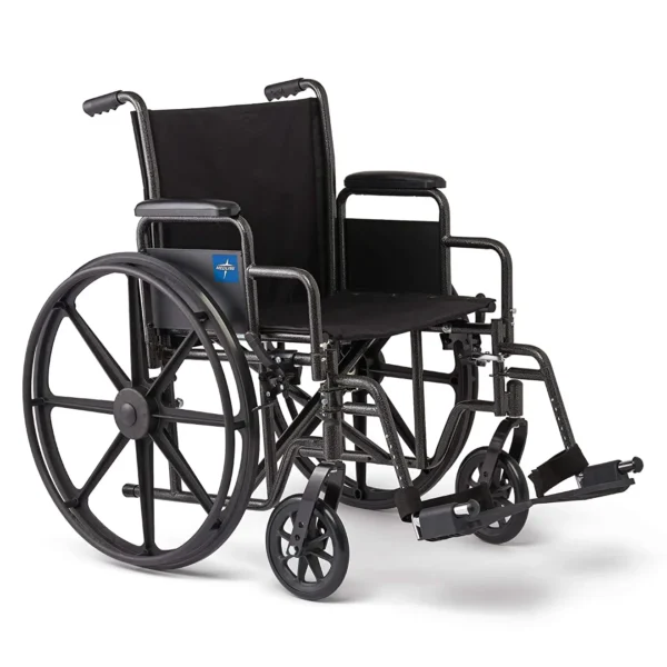 A wheelchair with wheels and a seat.