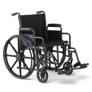 A wheelchair with wheels and the seat folded down.