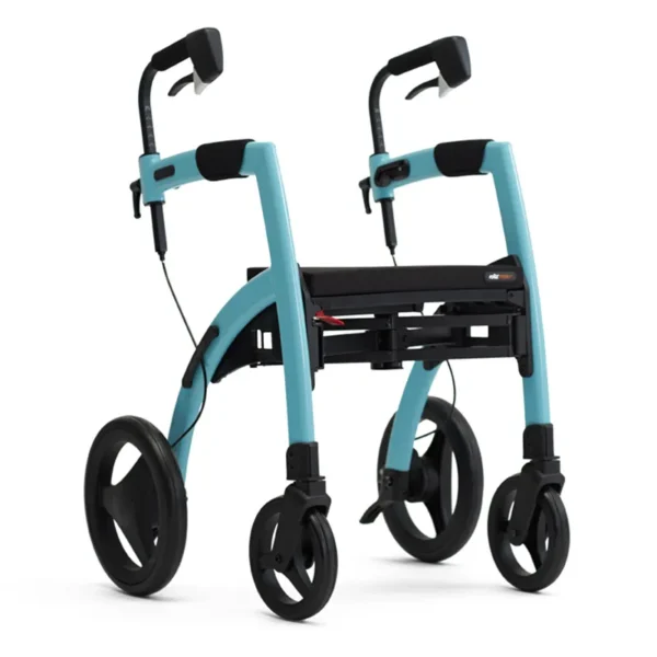 A blue walker with wheels and two black handles.