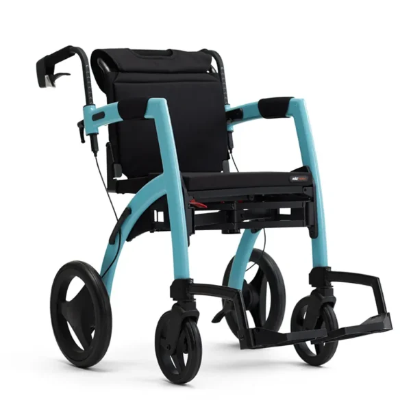 A blue and black wheelchair is shown in this image.