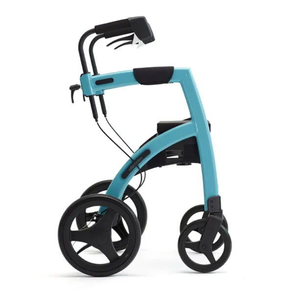 A blue walker with wheels and black handles.