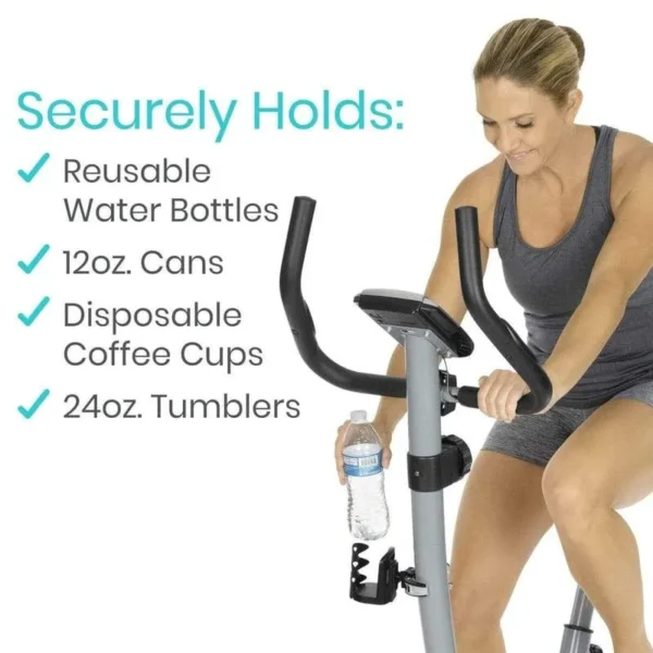 A woman is riding an exercise bike with the words " securely holds ".