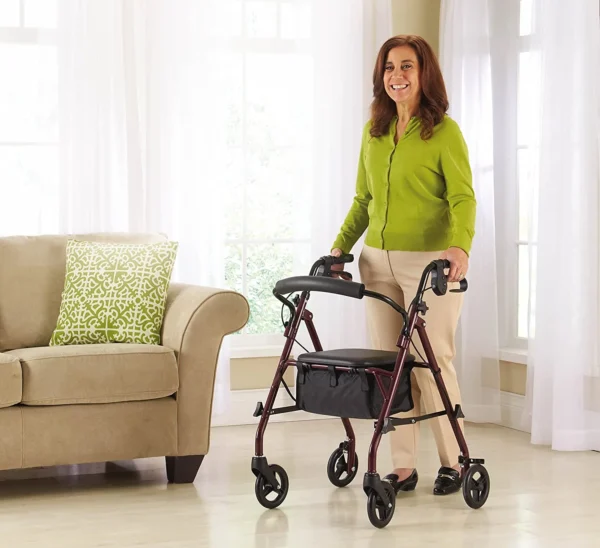 A woman is standing next to her walker