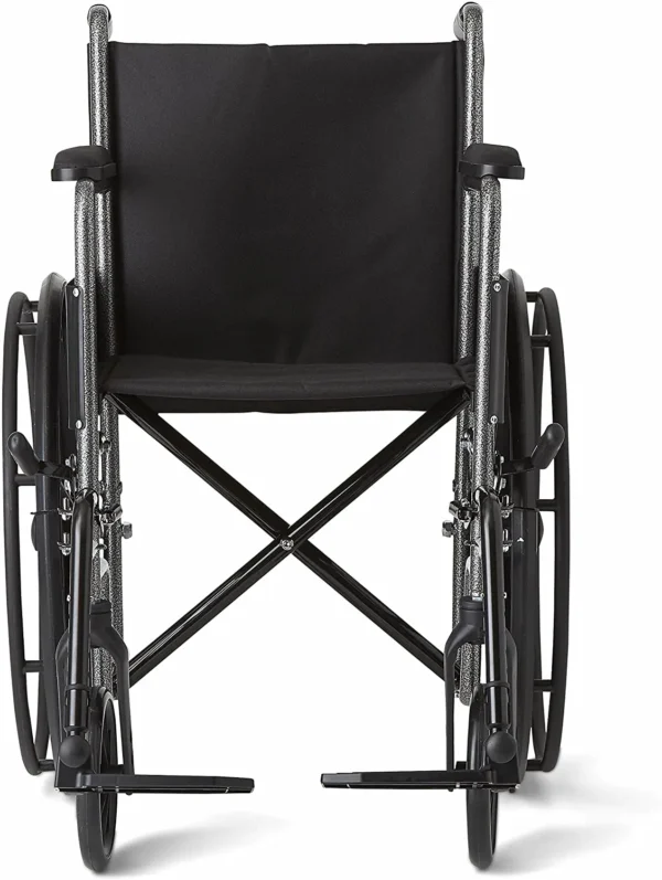 A wheelchair with the seat folded down.