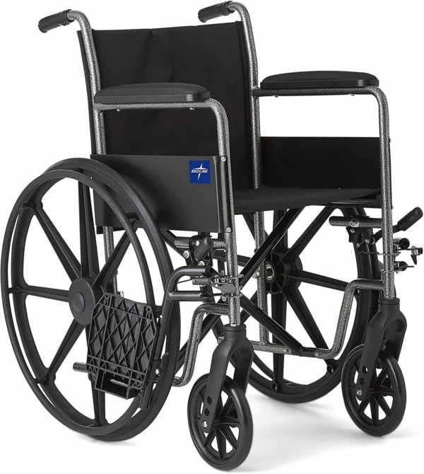 A wheelchair with wheels and the seat folded down.