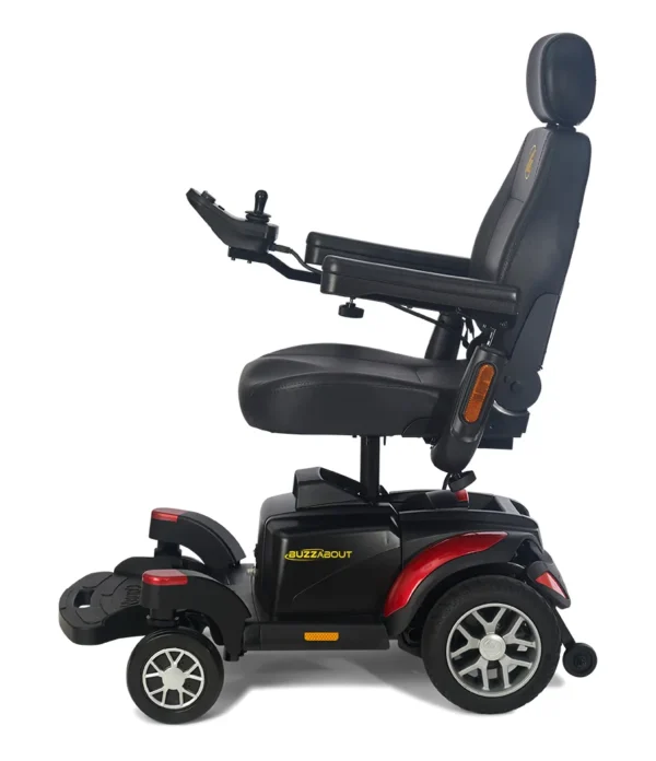 A black and red power chair with a seat up.