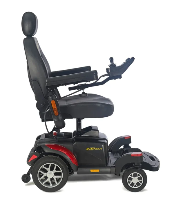 A black and red power chair with the seat up.