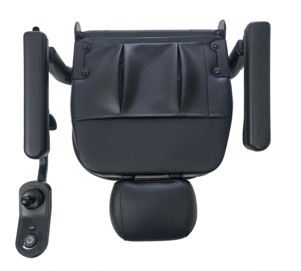 A black chair with a remote control attached to it.