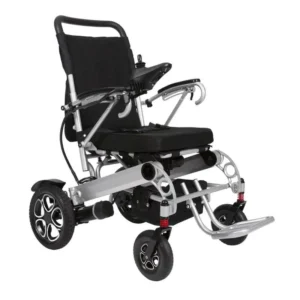 A wheelchair with wheels and seat folded down.