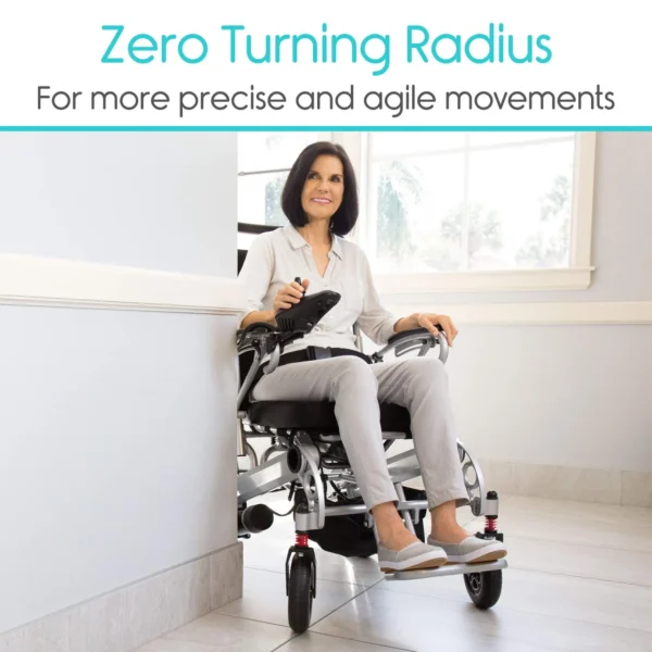 A woman sitting in a wheelchair with the words " zero turning radius ".