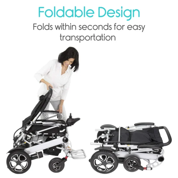 A woman pushing a wheelchair with the text " foldable design. Folds within seconds for easy transportation ".