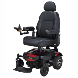 A red and black power chair with the seat up.