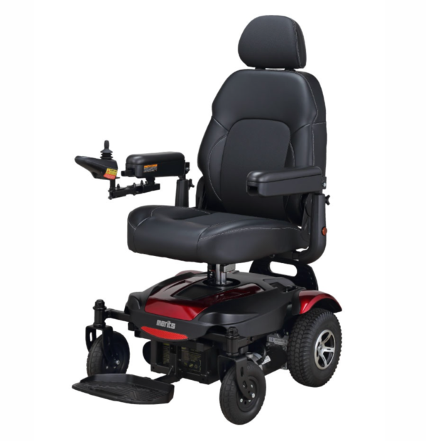 A red and black power chair with the seat up.