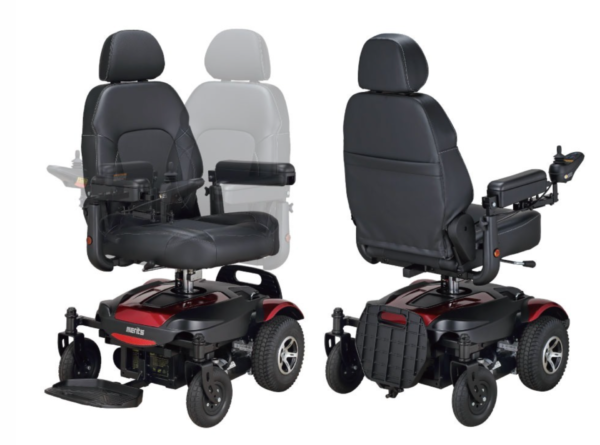 A picture of two motorized chairs with the seat up.