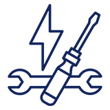 A blue and black logo with a wrench