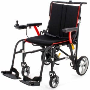 A wheelchair with wheels and seat in the back.