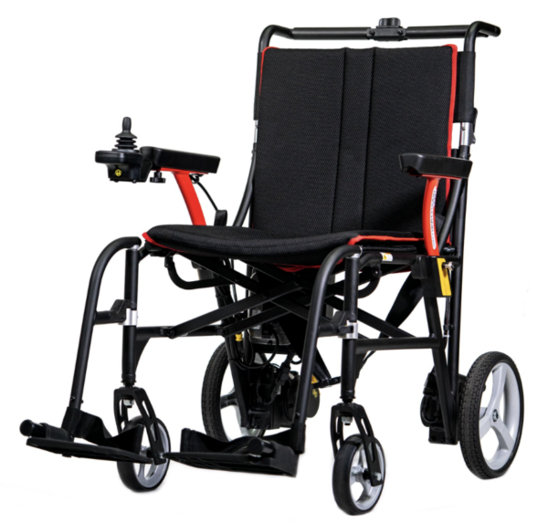 A black and red wheelchair with wheels.