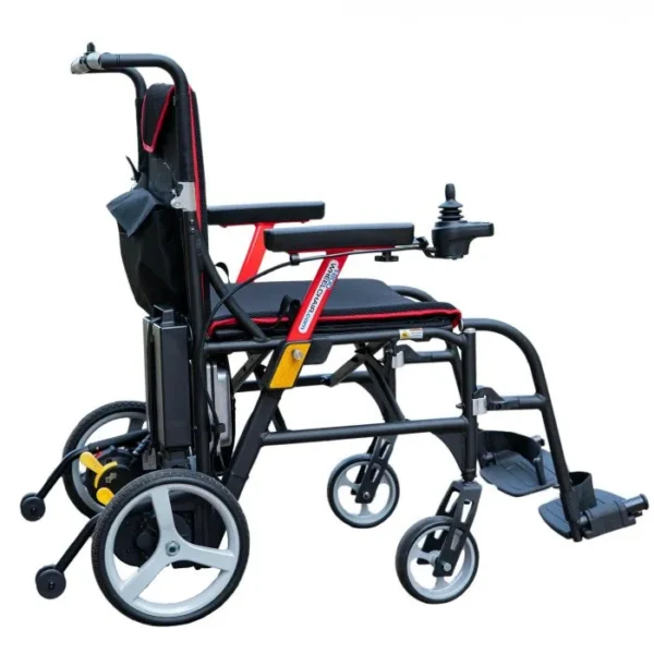 A wheelchair with wheels and brake system.