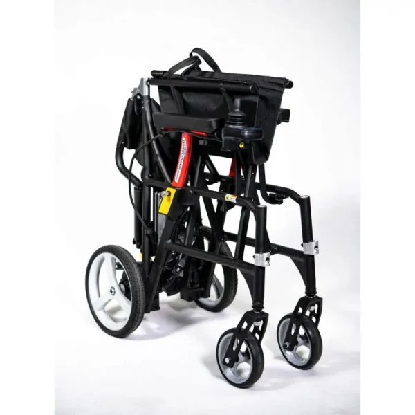 A black wheelchair with wheels and handles.